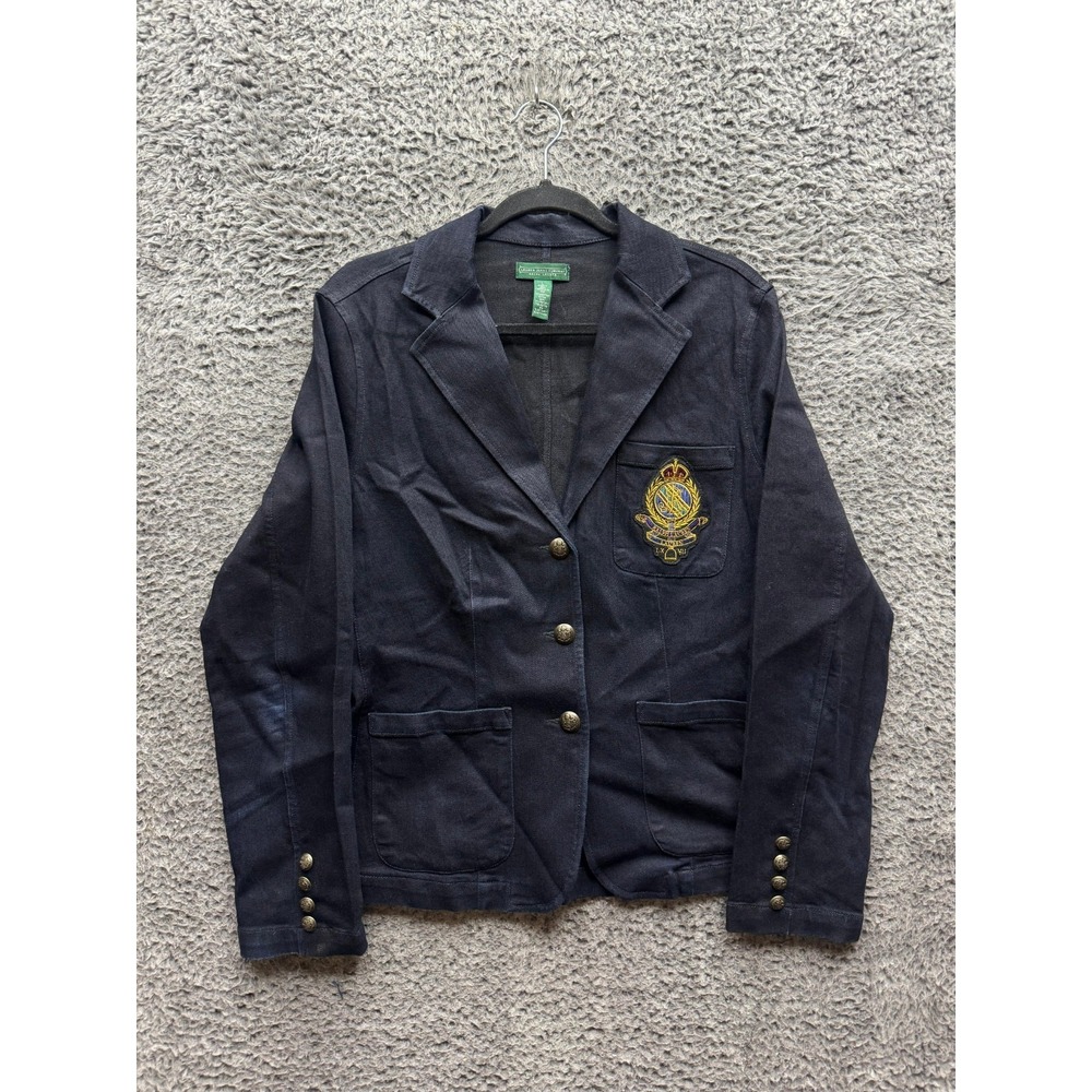 Lauren Jeans Co Ralph Lauren Crest Denim Blazer Jacket Navy‎ Blue Womens Size L
